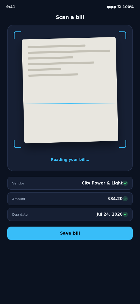 LifeLedger AI bill scanner reading a bill automatically